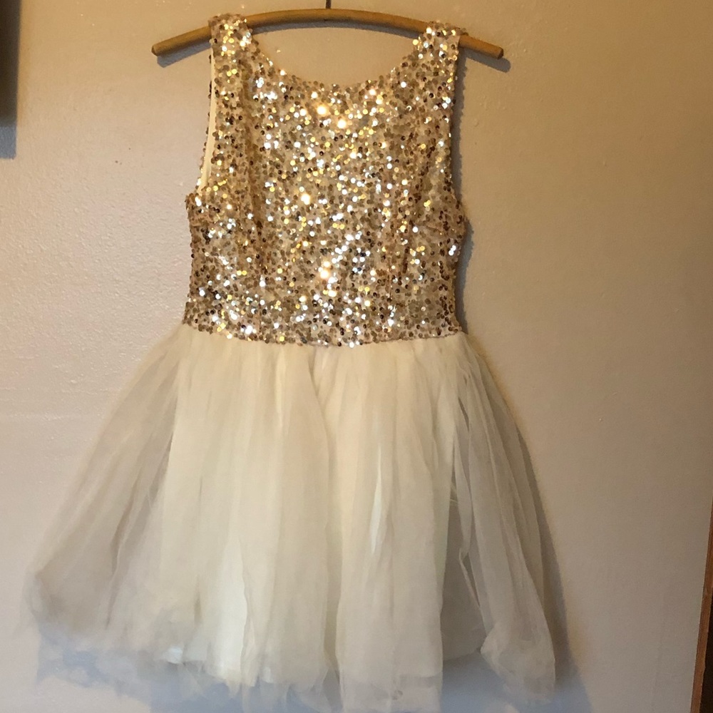 Gold sequin and tulle formal dress
